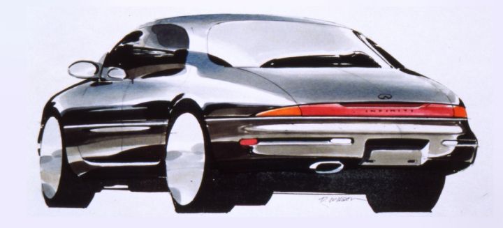 A watercolor-style illustration of the INFINITI J30 sedan shown from rear three-quarter view