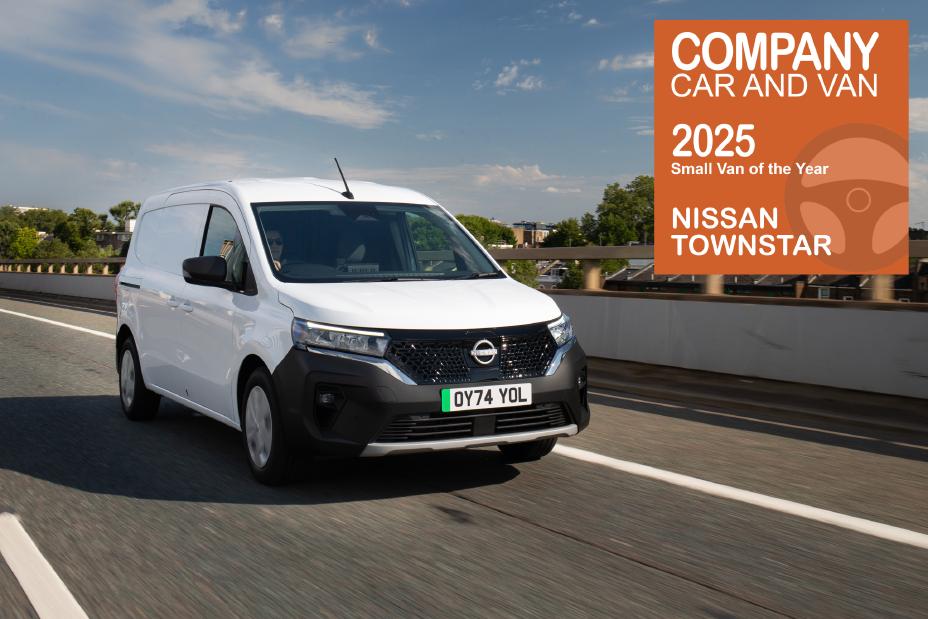 White Nissan Townstar van pictured on road, with award logo in background