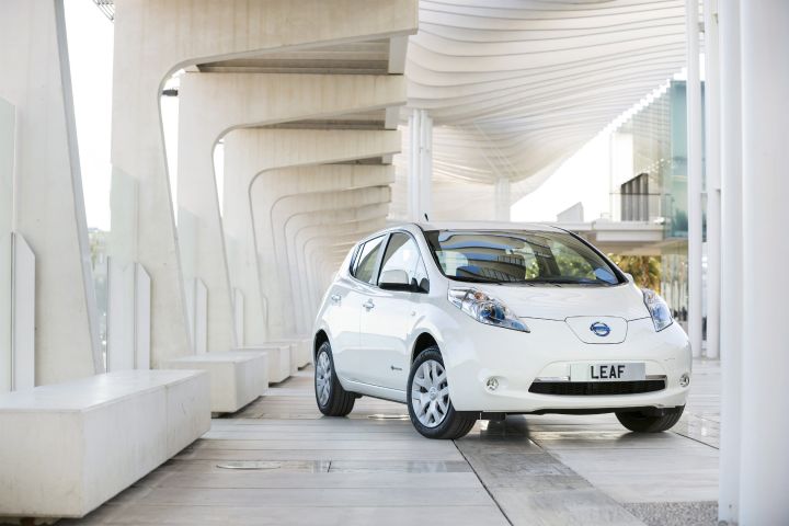 a white Nissan LEAF pictured outside
