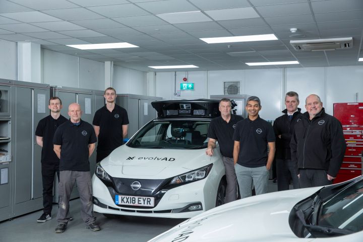 evolvAD team beside autonomous driving 100% electric Nissan leaf with SVP for R&D David Moss