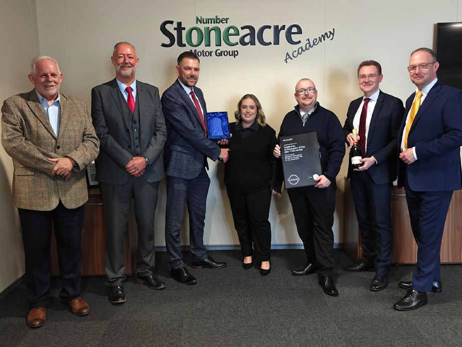 Colleagues from Stoneacre Nottingham posing having won the Nissan Dealer Ambassador of the Year FY25.
