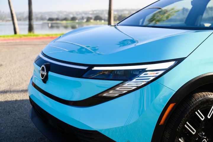Front view of the left headlight and front fascia on the 2026 Nissan LEAF.