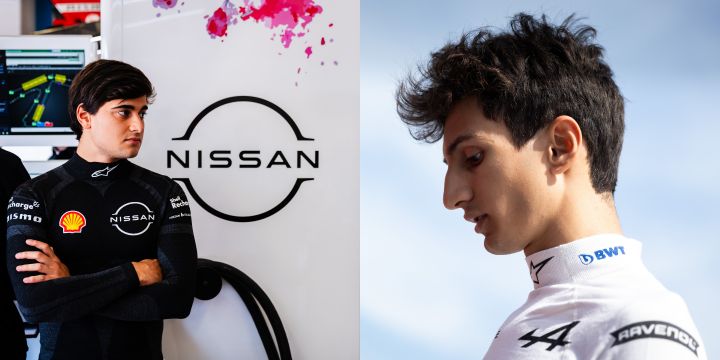 Montagem com as imagens dos pilotos Caio Collet, à esquerda de braços cruzados e uniforme preto da Nissan, e Gabriele Minì, à direita com roupa branca de gola alta