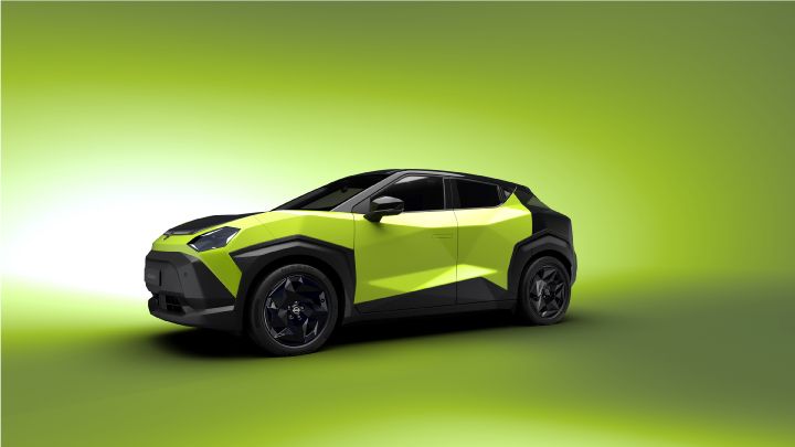 Against a bright green background, a Juke EV is positioned facing slightly forward, with its yellow-green body shown in a studio-like setting.