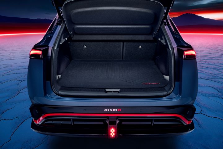 Exterior static shot of the open trunk of the Ariya NISMO