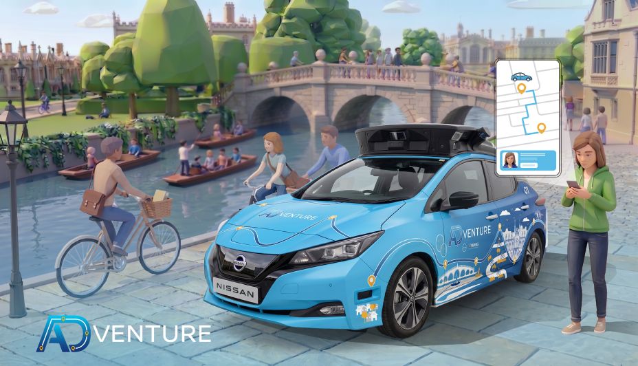 Illustration of a blue Nissan LEAF branded with the ADVENTURE livery. The car is parked beside a riverside street in Cambridge. The vehicle is equipped with roof-mounted sensors and surrounded by pedestrians, cyclists, punts on the river, and a historic stone bridge. A smartphone graphic displays a mobility booking interface, demonstrating how autonomous transport services could be accessed by users within local communities.