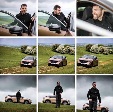 Collage de photos d'un homme et d'une Nissan Ariya.