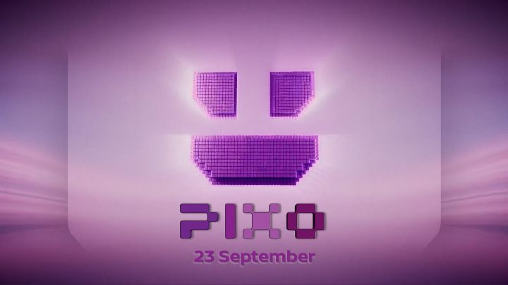 Lila Teaser-Grafik für den Nissan PIXO. Ein stilisiertes, pixelartiges Smiley-Gesicht leuchtet vor einem lila Hintergrund mit Farbverlauf über dem PIXO-Logo. Unter dem Logo steht der Text „23. September“, der das Datum der Fahrzeugvorstellung ankündigt. Das Design nutzt pixelinspirierte Grafiken und Neon-Lichteffekte.