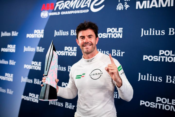 Nissan Formula E Team's Norman Nato with the Julius Baer Pole Position trophy after qualifying in Miami.