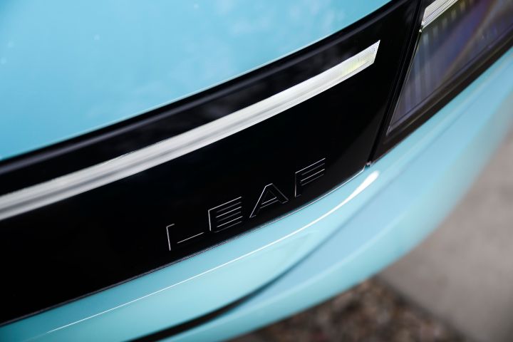 Close up of the "LEAF" logo on the font fascia on the 2026 Nissan LEAF.