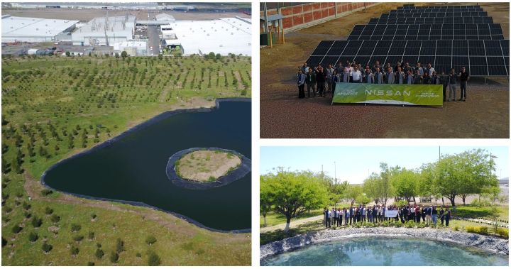 Fotografía de laguna verde y parque fotovoltaico de planta Nissan en Aguascalientes.