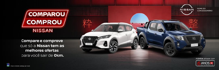 Cartaz da campanha ‘’comparou comprou’’ com os carros Nissan Kicks e Frontier em destaque