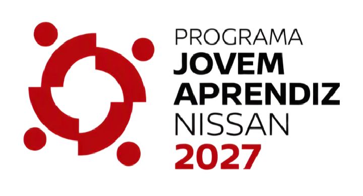 Logotipo do Programa Jovem Aprendiz, uma imagem formando um catavento com elementos em vermelho e quatro círculos da mesma cor em volta. Ao lado, em letras pretas, “Programa Jovem Aprendiz Nissan” e o ano 2027 em vermelho