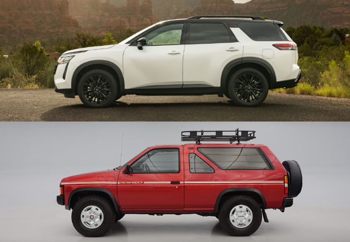 A collage of a new 2027 Nissan Pathfinder and a 1987 Nissan Pathfinder.