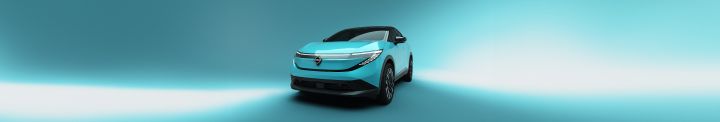 2025 All new Nissan LEAF ¾ exterior in blue color and black roof – banner version