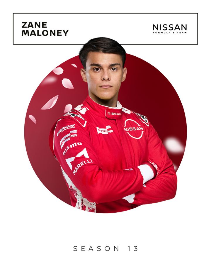 Grafikdarstellung von Zane Maloney in seinem roten Rennanzug des Nissan Formula E Teams im Format 4x5.