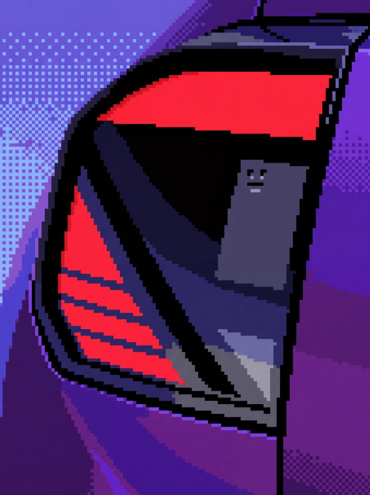 Pixel-Art-Illustration des Rücklichts eines Fahrzeugs, die eine rot leuchtende Linse in einem dunklen, kantigen Gehäuse zeigt. Violette und blaue Schattierungen, schwarze Zierleisten, eine graue Innenverkleidung und ein Halbtonhintergrund unterstreichen das stilisierte Automobildesign.
