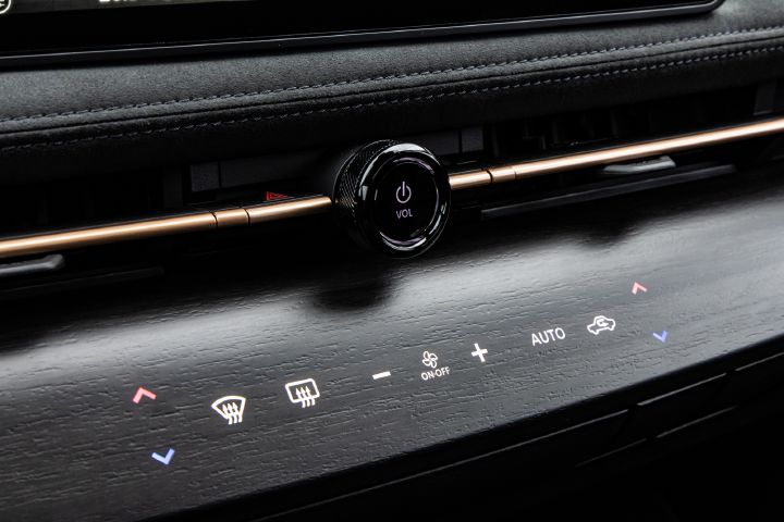 Detailaufnahme der in die Holzverkleidung integrierten Tasten im Armaturenbrett des Nissan Ariya