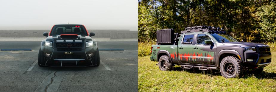 (image de gauche) Vue de face du Nissan Frontier Tarmac, garé dans un parking par une journée brumeuse. (image de droite) Vue de profil à droite du projet Trailgater Nissan Frontier 2025 vert, garé sur l’herbe avec des arbres derrière.