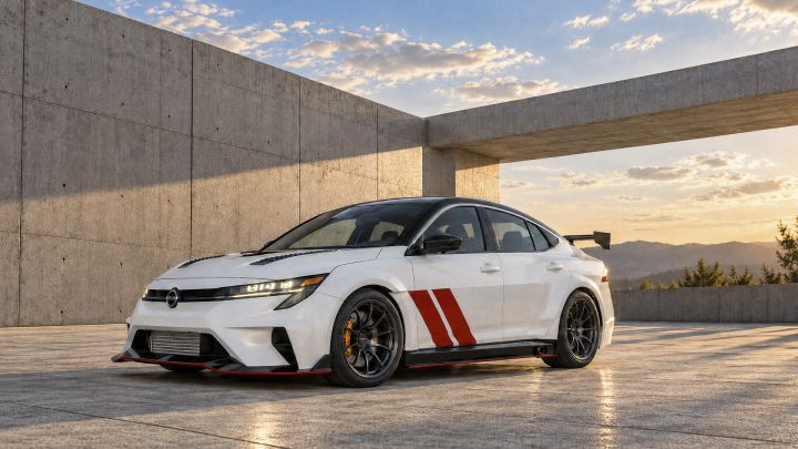 Nissan Sentra Spec‑V Concept V branco com detalhes vermelhos e aerofólio traseiro, fotografado em uma área de concreto ao ar livre durante o pôr do sol.
