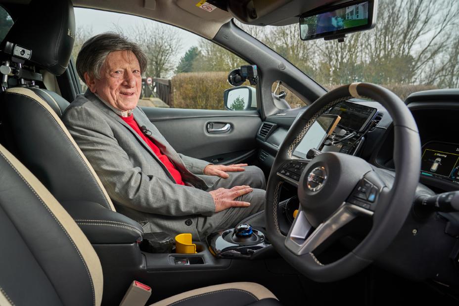 Brad sitting in the passenger seat of the Nissan AD demo car at Nissan Technical Centre Europe