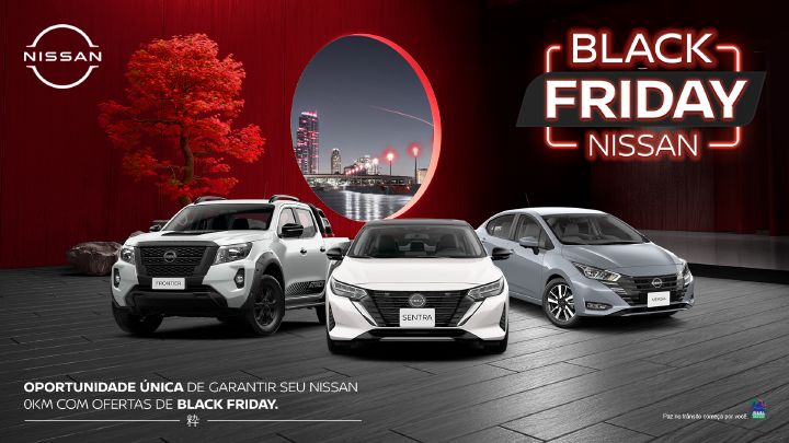 Pôster promocional da Black Friday Nissan com os três modelos alinhados em modo retrato