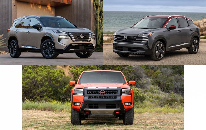 A collage of the 2026 Rogue, Kicks and Frontier.