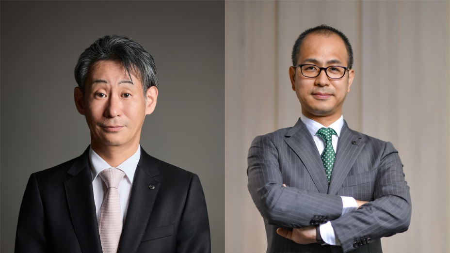 Toshihiro Fujiki(left) and Masao Tstutsumi (right) professionally dressed individuals wearing business suits, shown in separate portrait-style images.