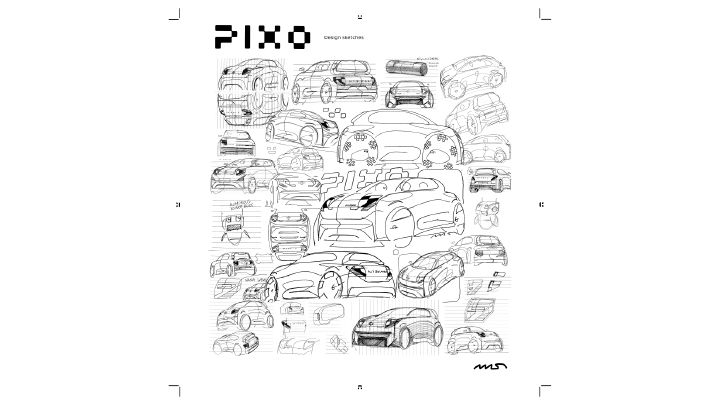 Concept-art sheet showcasing PIXO vehicle design sketches and automotive styling studies. Black-and-white line drawings feature numerous cars, a large futuristic sports vehicle at center, smaller side, front, and rear views, plus PIXO branding and handwritten annotations.