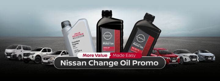 Promotional banner for the Nissan Change Oil Promo featuring three bottles of Nissan motor oil in the center, surrounded by various Nissan vehicles including vans, pickup trucks, SUVs, and sedans. The banner displays the text “More Value Made Easy” and “Nissan Change Oil Promo” against a gray road and sky background.