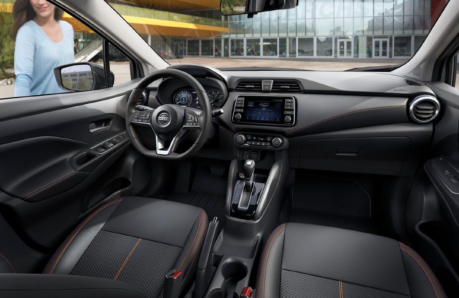 Front view of the 2021 Nissan Versa interior from the passenger seat.