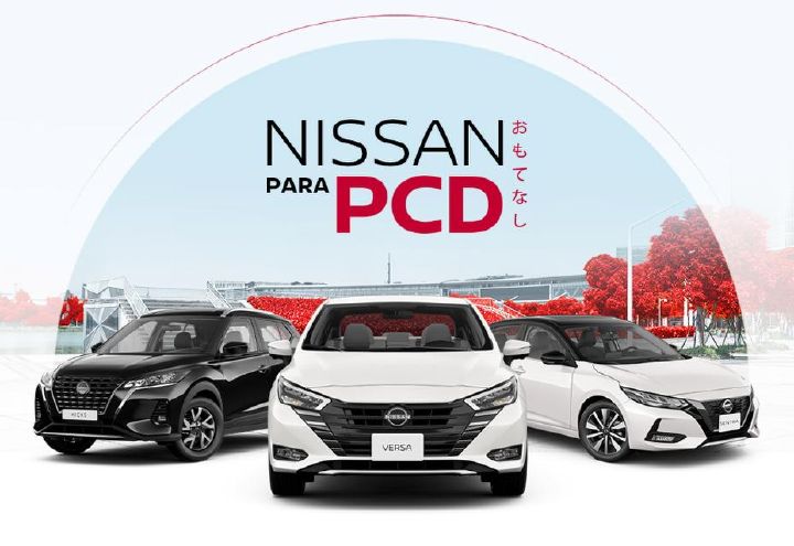 Logo do programa PCD da Nissan com os dizeres ‘Nissan para PCD’ acima e imagem de três carros abaixo: um Kicks preto (à esquerda), um Versa branco (ao centro) e um Sentra branco (à direita).