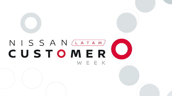 Imagem com o logotipo “Nissan LATAM Customer Week” em preto e vermelho sobre fundo branco com círculos cinza claros