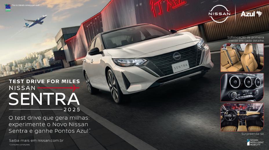Cartaz da campanha de test drive da Nissan com a Azul ilustrando um carro Nissan Sentra e ao fundo um avião da Azul