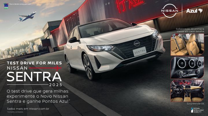 Cartaz da campanha de test drive da Nissan com a Azul ilustrando um carro Nissan Sentra e ao fundo um avião da Azul