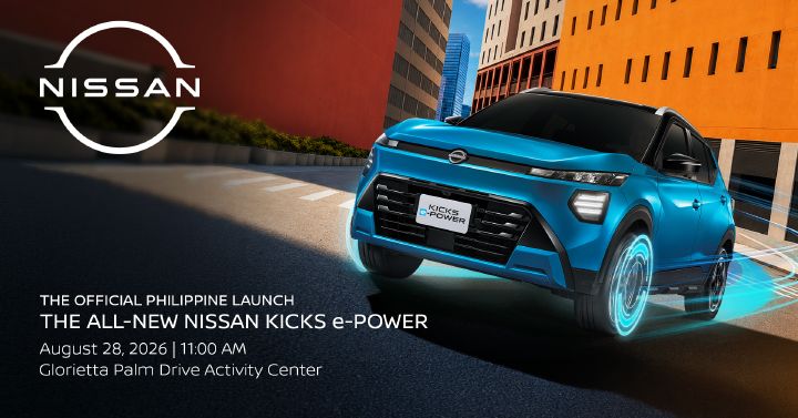 Promotional banner for the official Philippine launch of the All-New Nissan Kicks e‑POWER. A blue Nissan Kicks e‑POWER is featured driving through a modern city backdrop, with illuminated wheel accents highlighting its electrified technology. The image includes the Nissan logo and launch details: August 28, 2026, 11:00 AM, at Glorietta Palm Drive Activity Center.