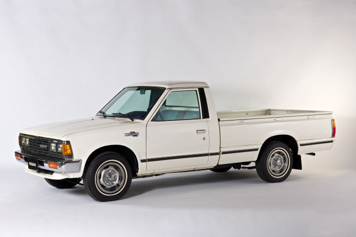 left side view of white 720 pickup
