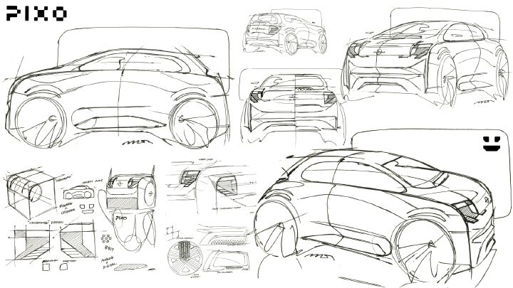 Blad met automotive conceptschetsen van futuristische auto-ontwerpen, gezien van voren, opzij, van achteren en in driekwartaanzicht. Paarse en zwarte voertuigen hebben witte draadmodelcontouren, schaakbordaccenten, aerodynamisch koetswerk, extra grote wielen en opvallende gestileerde belettering op een zwarte achtergrond.