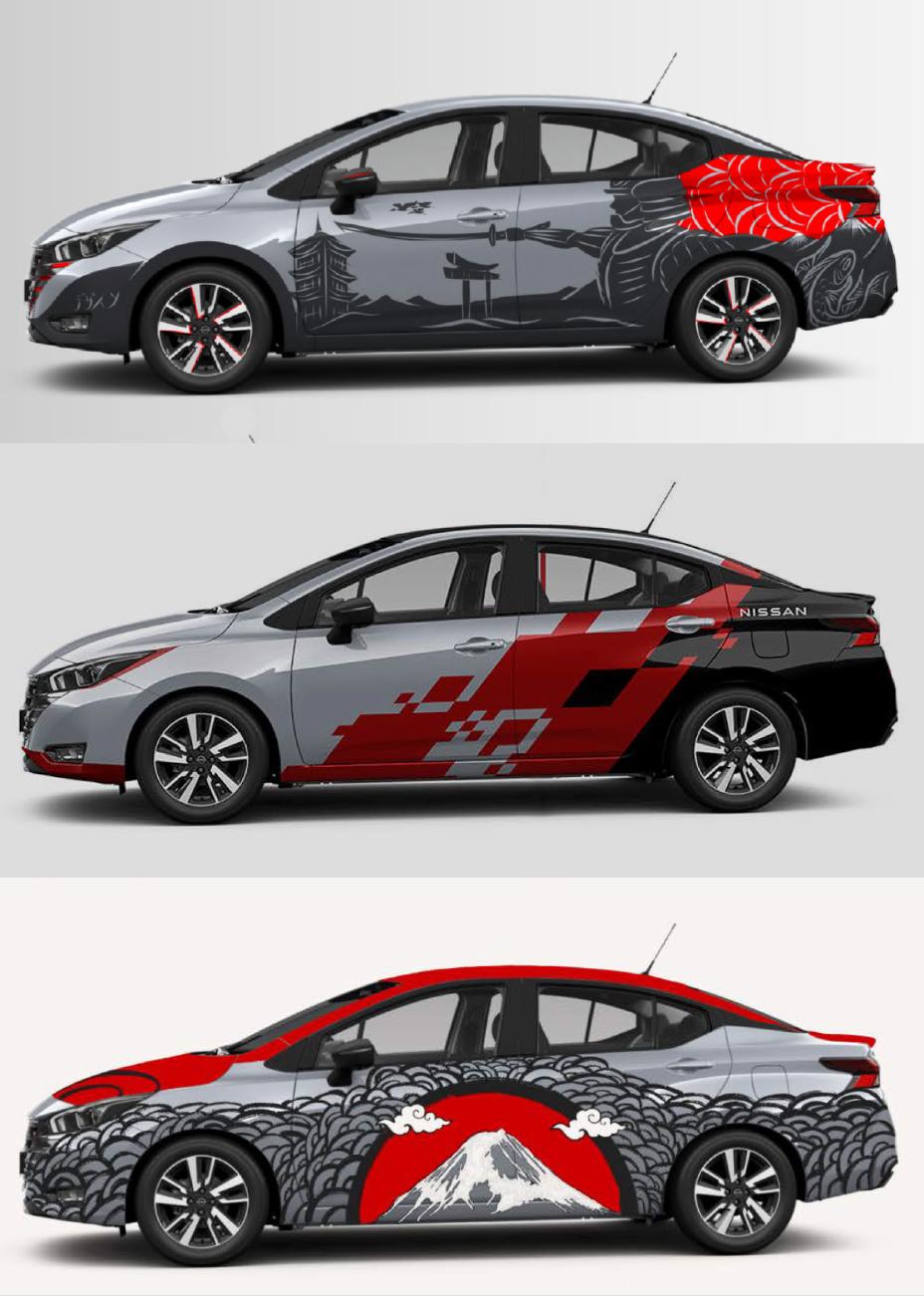 Imagens laterais de três Nissan Versas com pinturas japonesas