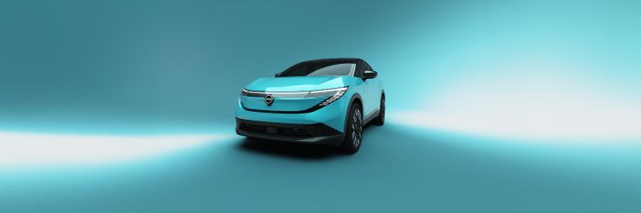 2025 All new Nissan LEAF ¾ exterior in blue color and black roof – social banner version