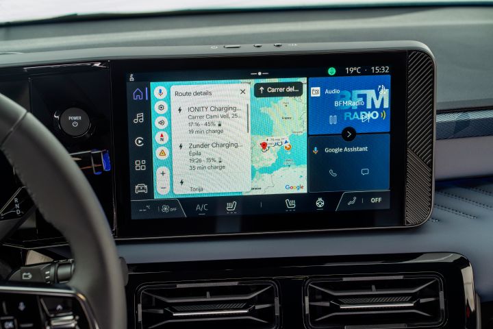 detailed infotainment screen with google maps list of electric charging stations