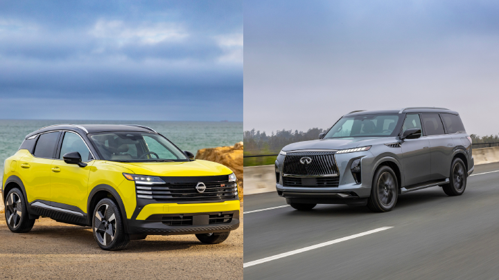 A yellow 2026 Nissan Kicks parked in front of a body of water on the left, followed by a grey 2025 INFINITI driving along a road with trees in the background