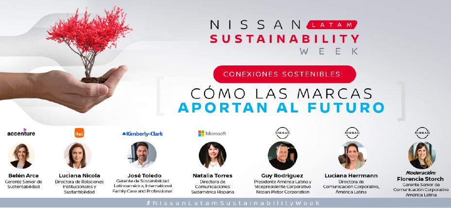 Banner digital do evento "Nissan LatAm Sustainability Week". No topo, o logotipo da Nissan e o título do evento em letras vermelhas e cinzas. Abaixo, um destaque em vermelho com a frase "Conexiones Sostenibles:" seguido do título "Cómo las marcas aportan al futuro", com "APORTAN AL FUTURO" em azul. À esquerda, uma mão segura uma pequena árvore de folhas vermelhas. Na parte inferior, fotos e nomes dos palestrantes e suas respectivas empresas, incluindo Nissan, Accenture, Itaú, Microsoft e Kimberly-Clark. O fundo tem tons de branco e cinza
