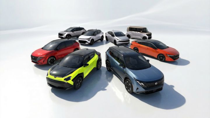 [Front left to right: Kicks, all-new Kait, new Versa, new ROOX, new Qashqai e‑POWER, all-new all-electric JUKE, all-new Rogue Hybrid e‑POWER, all-new Sentra]