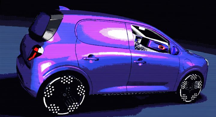 Ilustração digital que retrata um carro compacto roxo em perfil lateral. Destaques em azul néon e magenta, jantes com padrão de píxeis pretos, vidros escurecidos, carroçaria aerodinâmica e sombreados ao estilo «glitch» realçam um design cyberpunk elegante.