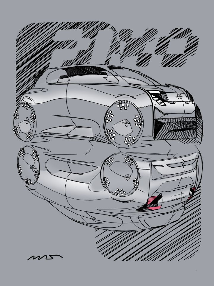 Graue Designskizze des Nissan PIXO mit der Aufschrift „PIXO“