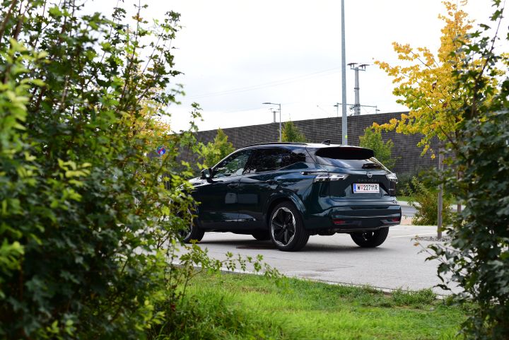 Durch zwei Büsche blickt man von Schräg hinten auf die Heckpartie eines dunkelgrünen Nissan Qashqai, der vordere Teil des Autos ist durch den linken Busch verborgen
