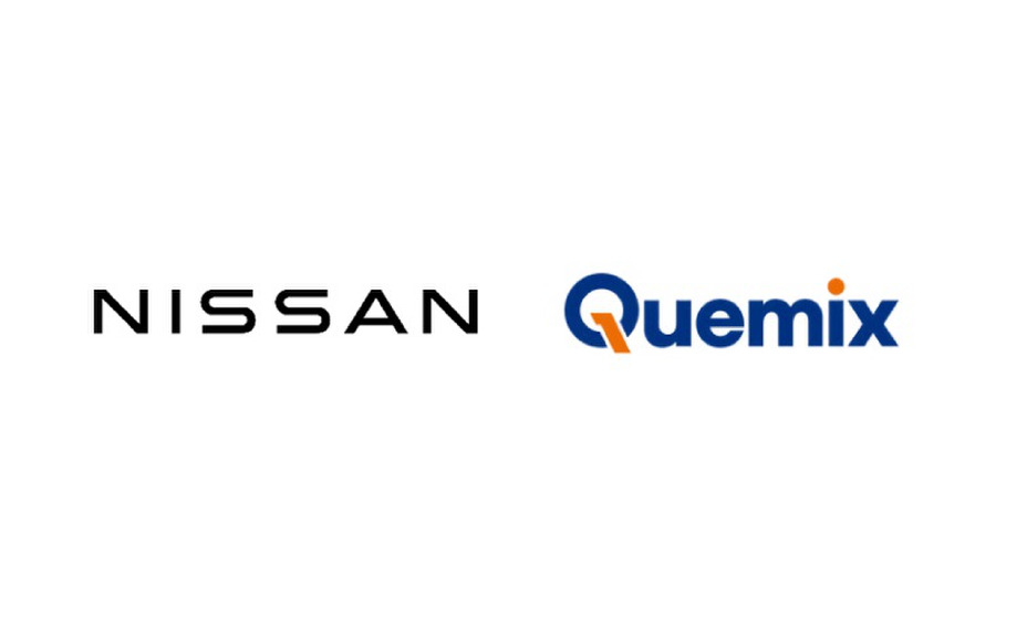 The “NISSAN” logo in black displayed on the left, alongside the “Quemix” logo in blue with an orange accent on the letter “Q” on the right, set against a plain white background.