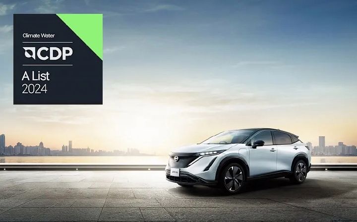 Front three-quarter shot of a parked Nissan Ariya against a CGI background with CDP Climate Water A-List logo next to it