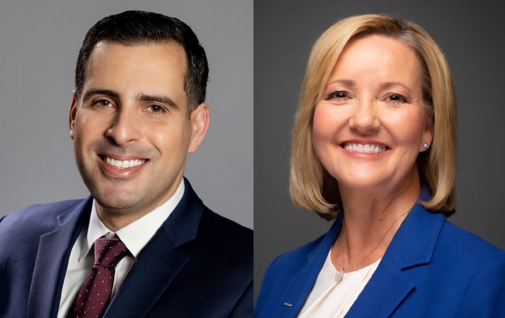 A collage of two executive headshots, both are smiling against gray backgrounds.